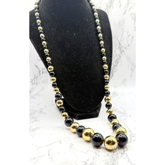 Source Unknown Jewelry - Black Gold Beaded Necklace Long 29" Graduated Statement Chain 8-18mm beads